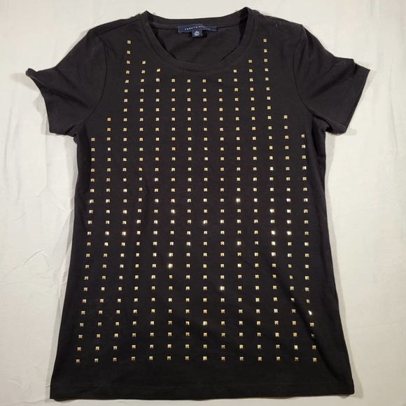 Tommy Hilfiger XS Shirt Gold Shiny Studs Semi Fitted Crew Neck - Picture 1 of 11